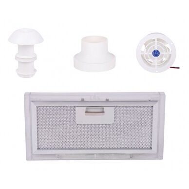 4 dalių šalinamo oro komplektas su stogo kaminu, ventiliatoriumi, adapteriu, filtru