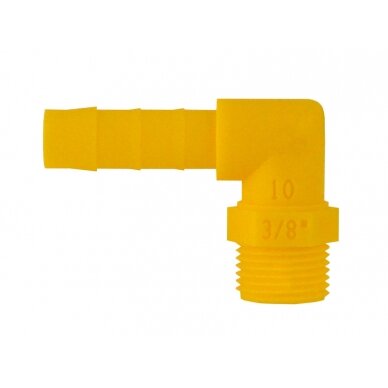 90° kampu įsukamas lizdas 10 mm žarnai 3/8 balta-geltona 90° kampu įsukamas lizdas 10 mm žarnai 3/8 balta-geltona
