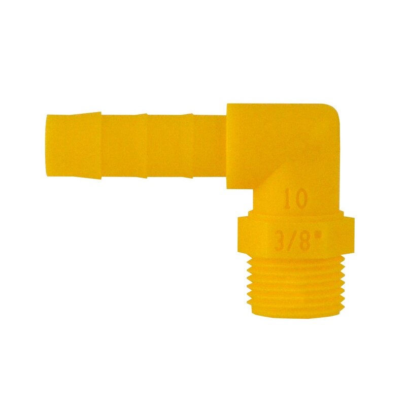 90° kampu įsukamas lizdas 10 mm žarnai 3/8 balta-geltona