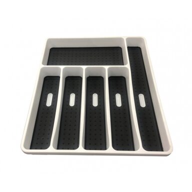 Plastikinis stalo įrankių padėklas, baltas/antracitas 40x33x4cm-6 skyriai, neslystantys Plastikinis stalo įrankių padėklas, baltas/antracitas 40x33x4cm-6 skyriai, neslystantys