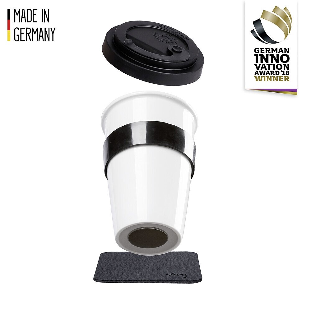Porcelianinis TO-GO-CUP spalva balta, įskaitant padėkliuką BLACK Porcelianinis TO-GO-CUP spalva balta, įskaitant padėkliuką BLACK