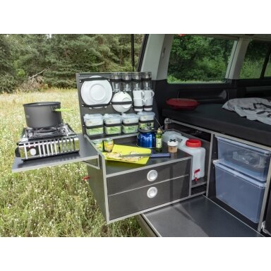 REIMO CampingBox L-CM, skirta VW T6.1/T6/T5 Multivan + California Beach, su originaliu 3 vietų suoliuku