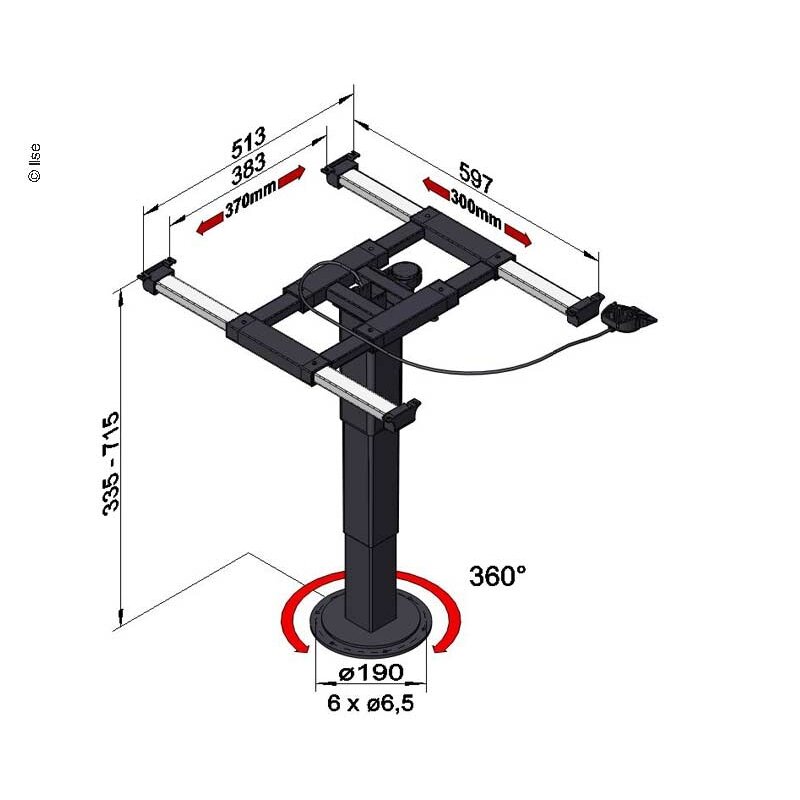 Vienos kolonos kėlimo stalas 335-715 mm, pasukamas 360° 1 Vienos kolonos kėlimo stalas 335-715 mm, pasukamas 360° 1
